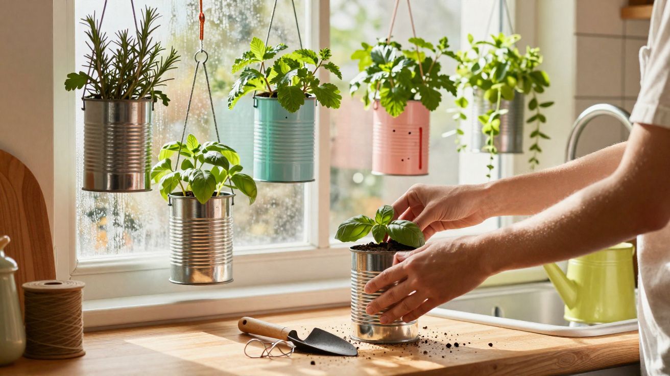 Pessoa cuidando de plantas em latas recicladas em cozinha iluminada por janela com regador verde ao fundo.