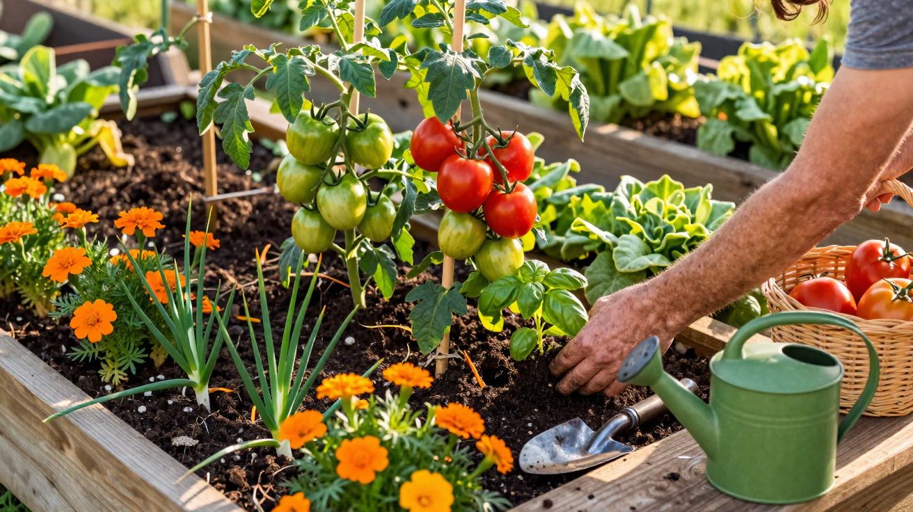 Pessoa colhendo tomates maduros em canteiro com flores laranja e regador verde ao lado.