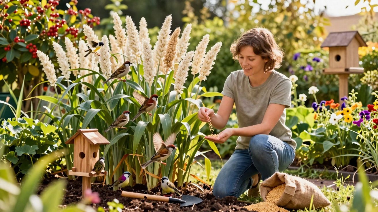 Mulher alimenta pássaros em jardim florido com caixas de madeira e plantas ao redor.