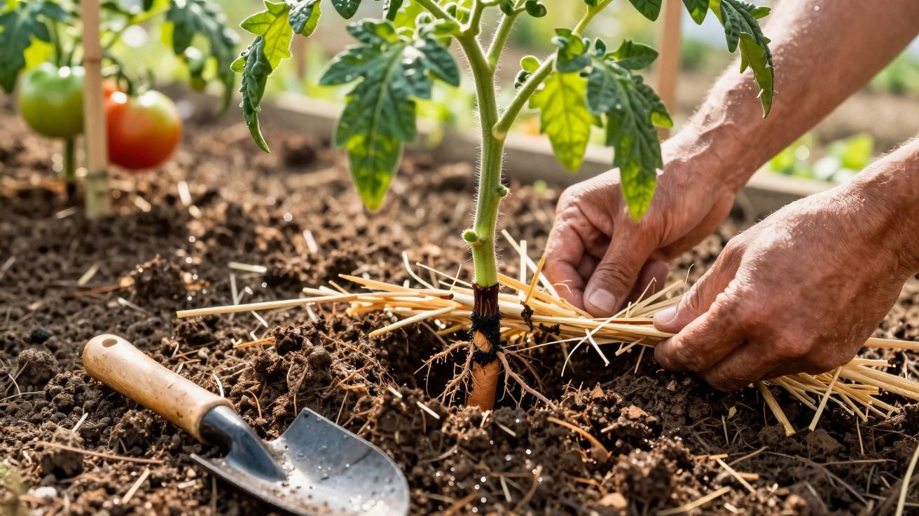Mãos colocando palha no solo ao redor de muda de tomate em horta, com enxada ao lado.