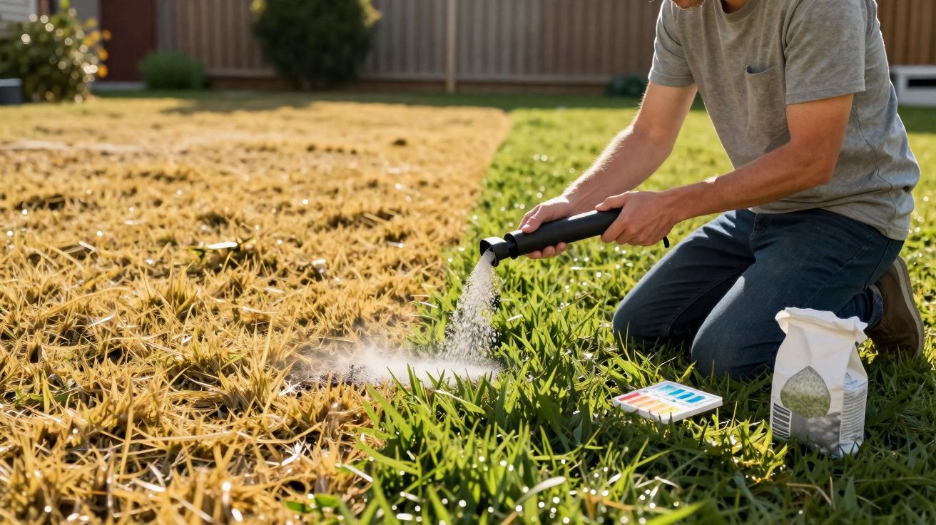 Pessoa aplicando fertilizante em grama verde ao lado de área de grama seca em jardim.