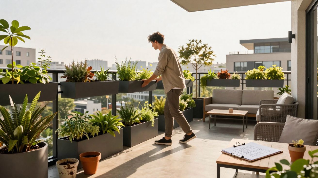 Jovem cuidando de plantas em varanda moderna com móveis e vista urbana ao fundo.