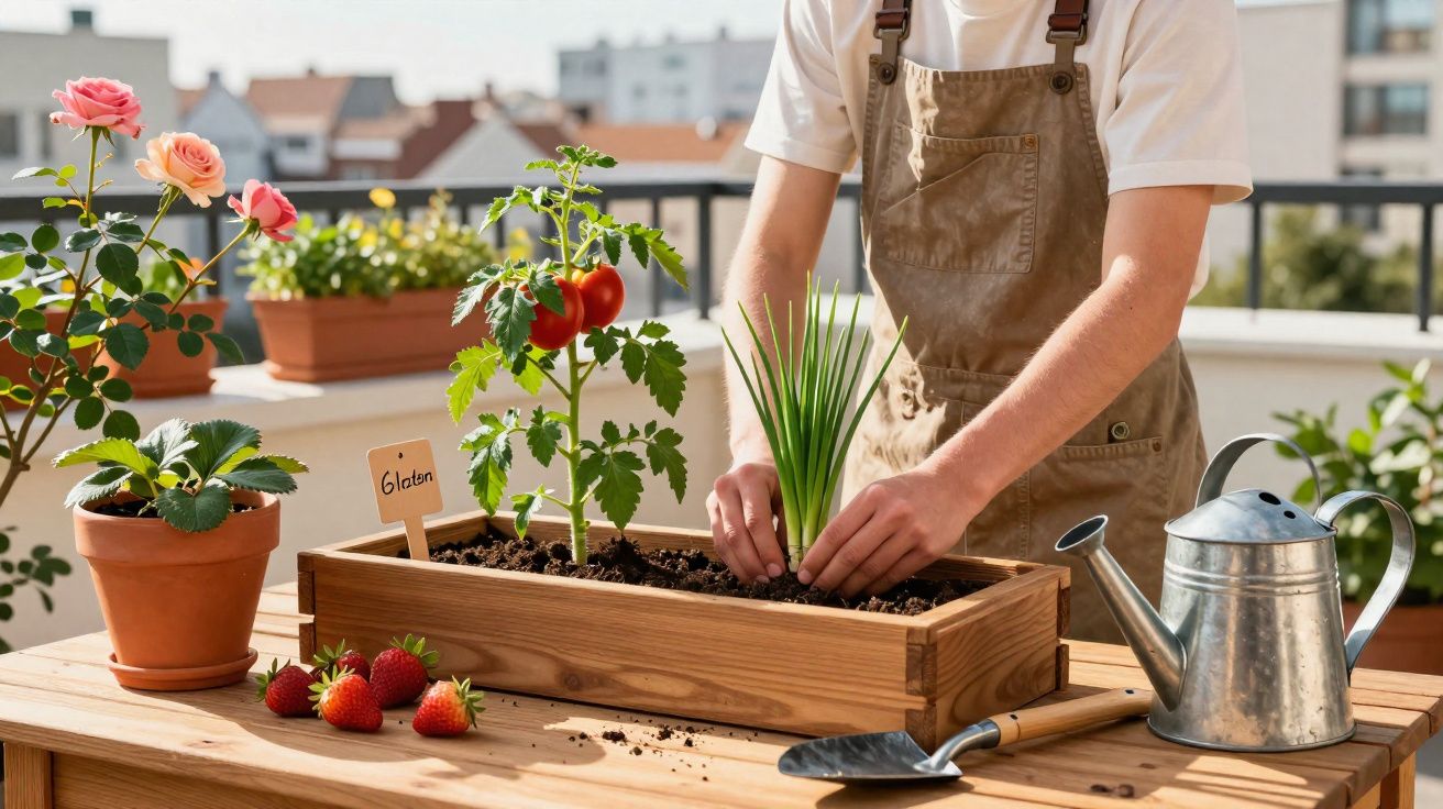 Pessoa cuidando de plantas em vaso de madeira com flores, tomates e morangos em varanda ensolarada.