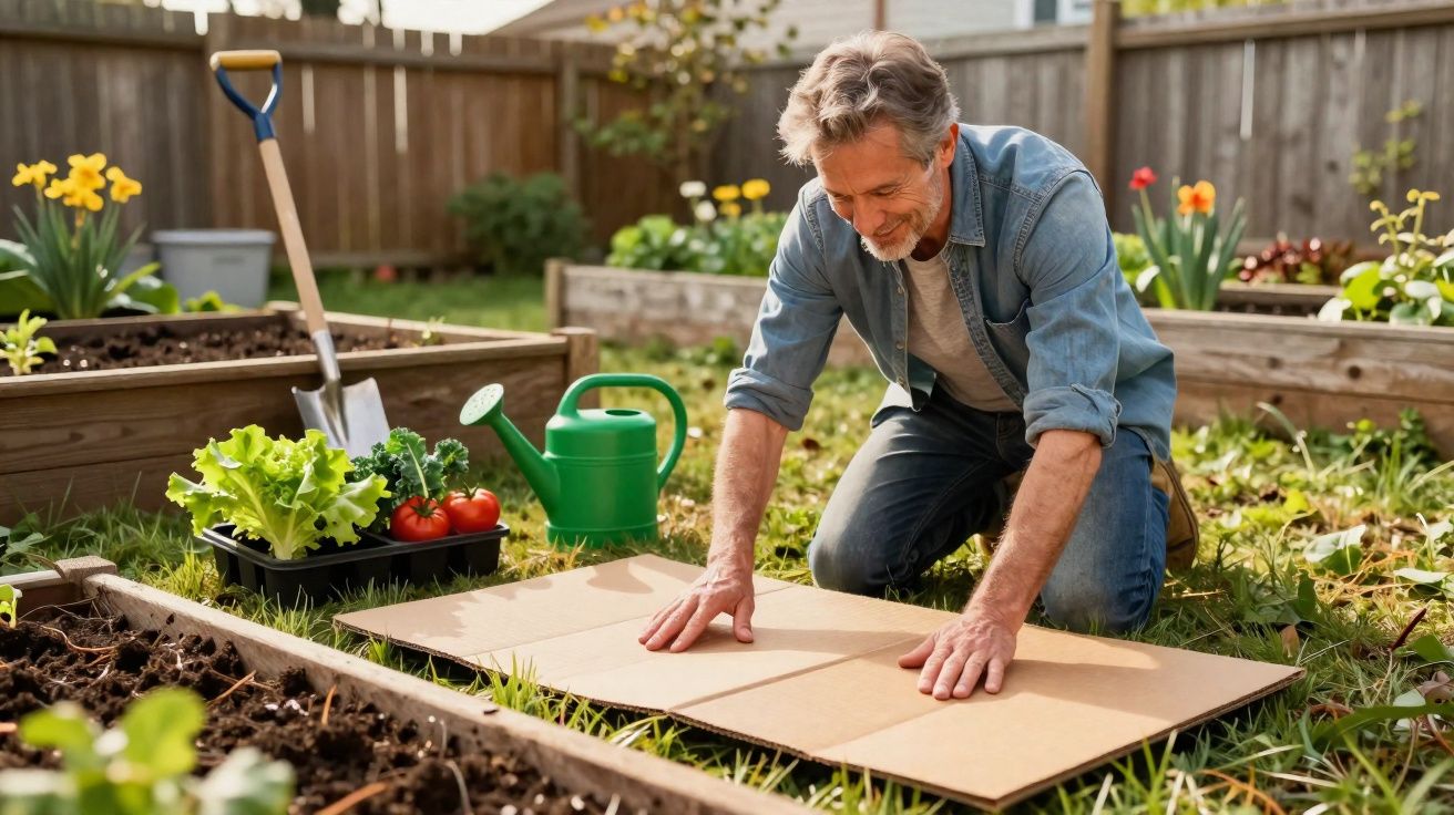 Homem sorridente preparando canteiro para cultivo em jardim com regador e hortaliças ao lado.