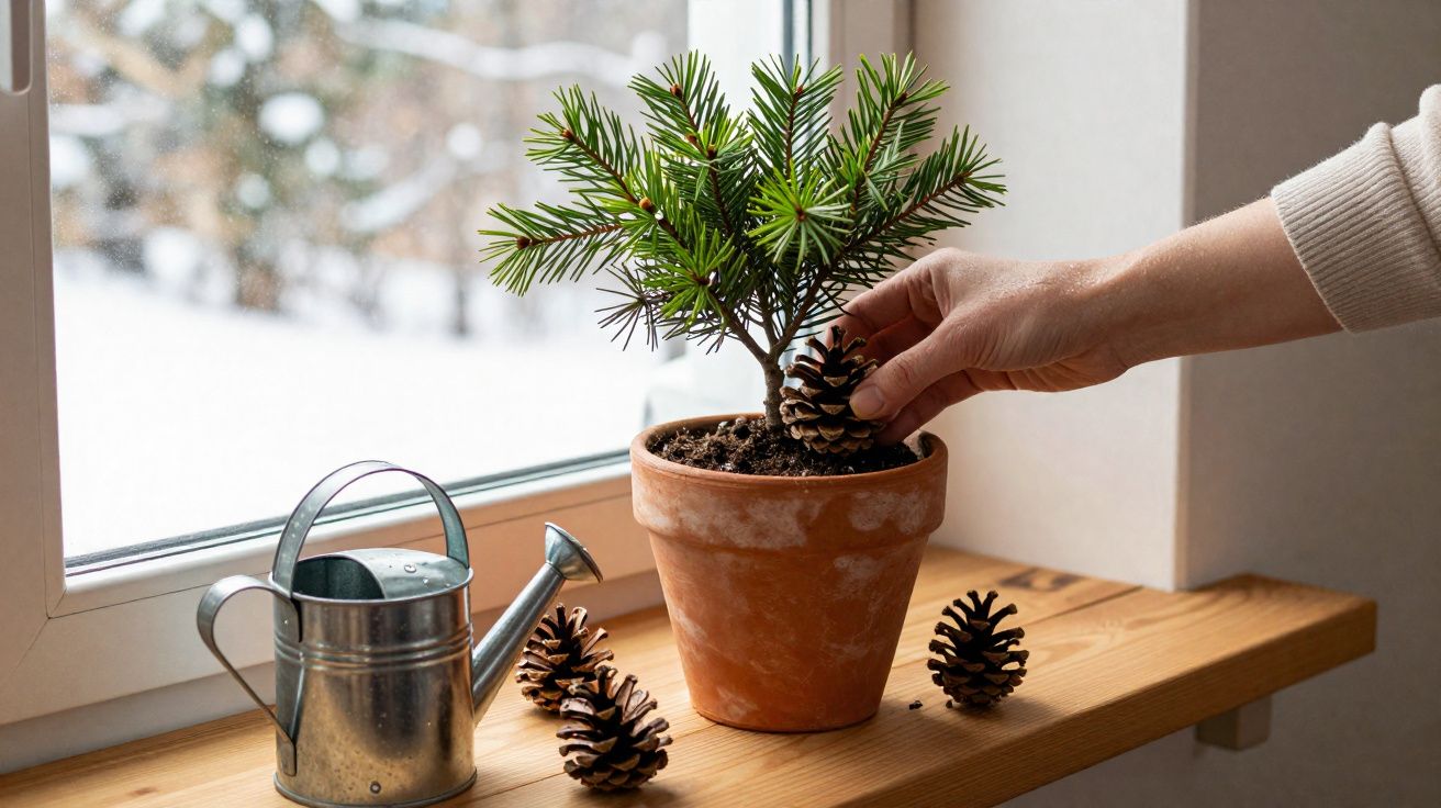 Mão coloca pinha em vaso com pequena árvore de pinheiro, regador de metal e janela com neve ao fundo.