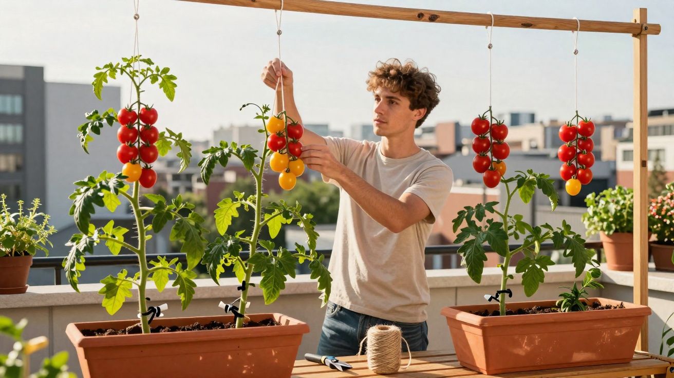 Jovem cuida de tomates vermelhos e amarelos plantados em vasos na varanda ensolarada de um apartamento urbano.