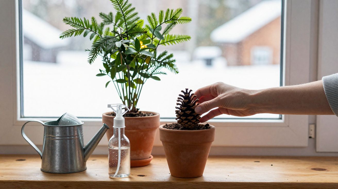 Mão colocando uma pinha em vaso de planta ao lado de regador, borrifador e vaso com planta, na janela.