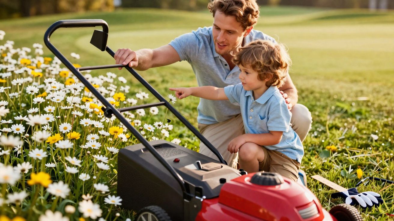 Pai e filho observam flores enquanto estão ao lado de um cortador de grama em um jardim ensolarado.