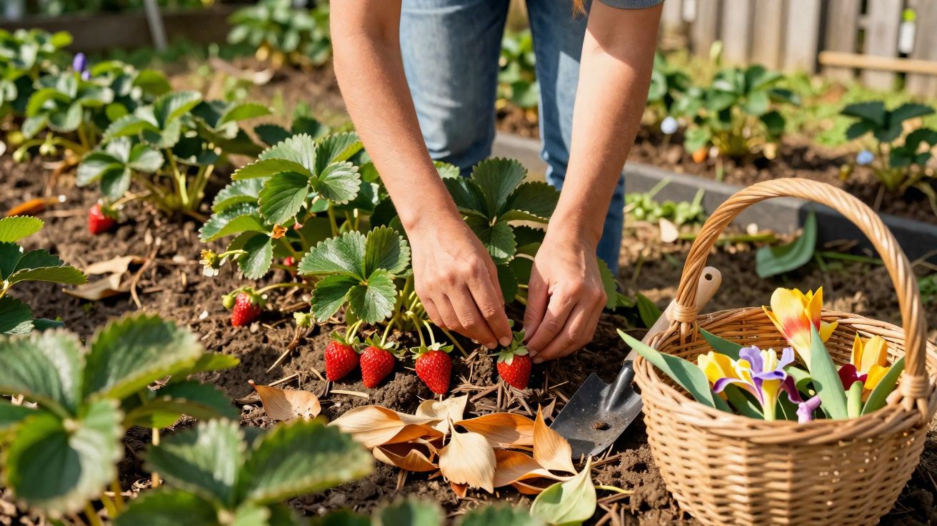 Pessoa colhendo morangos em horta com cesta de flores e ferramenta de jardinagem ao lado.