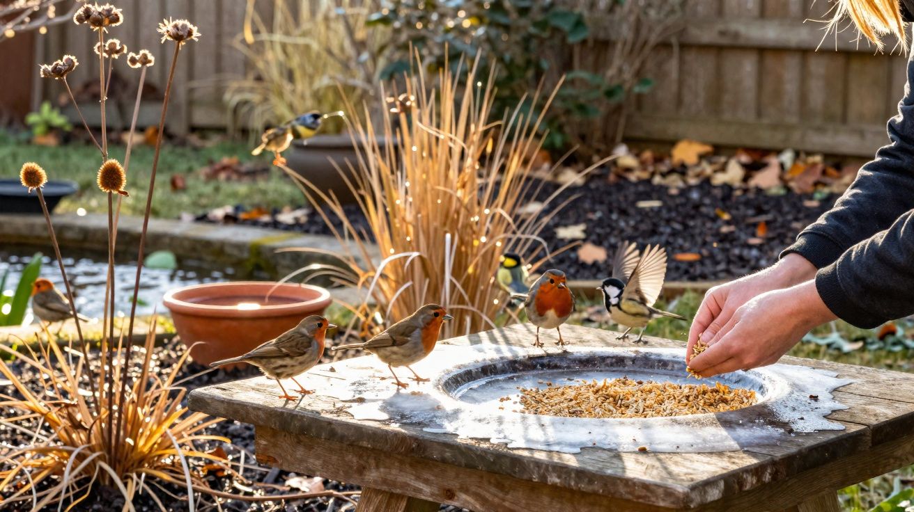 Mão alimentando pássaros variados em uma mesa de madeira com sementes em um jardim ensolarado.