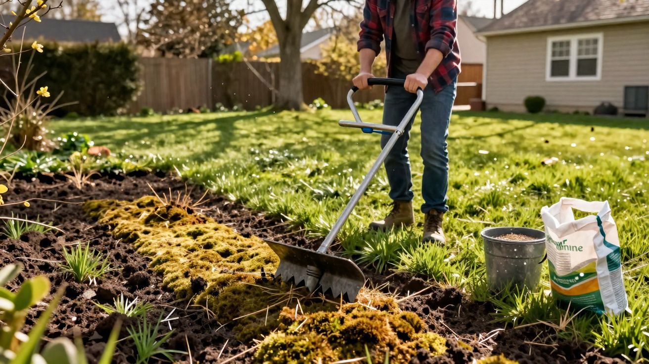 Pessoa usando enxada em jardim com solo de terra próximo a saco de fertilizante e balde.