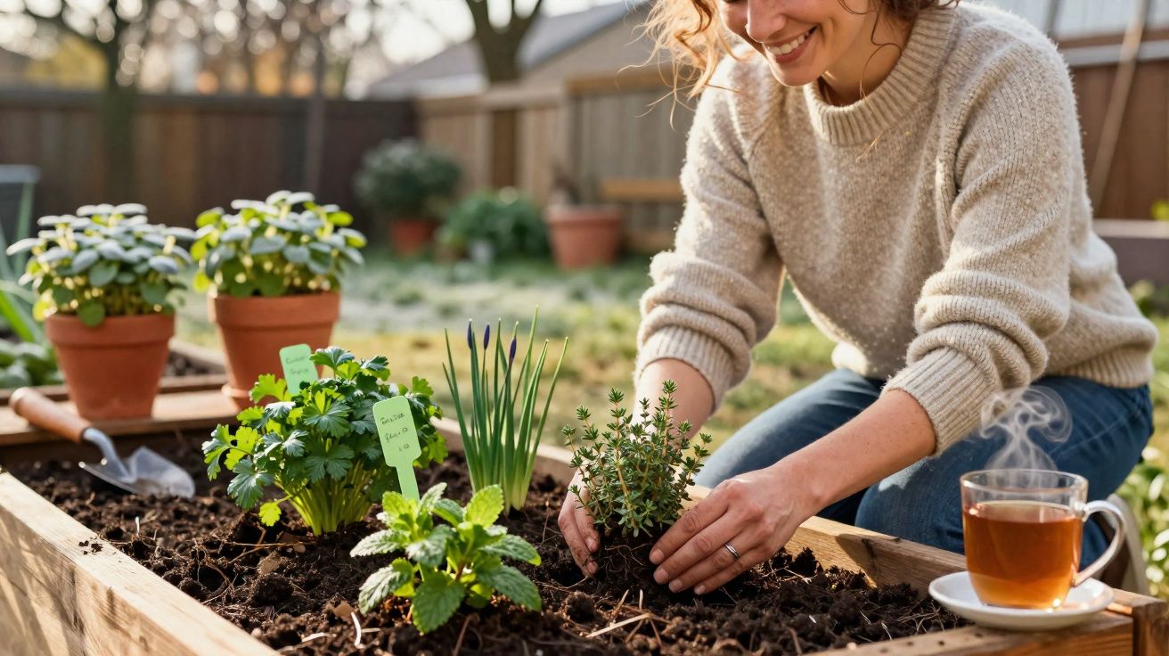 Mulher sorridente plantando ervas em canteiro de madeira com xícara de chá ao lado no jardim.