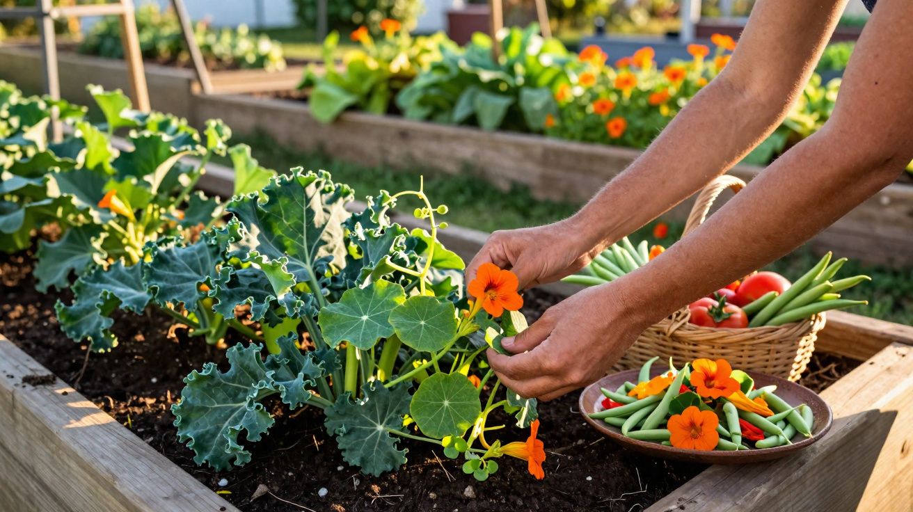 Mãos colhendo flores laranjas e verduras em canteiro de jardim com cesta e prato de legumes.