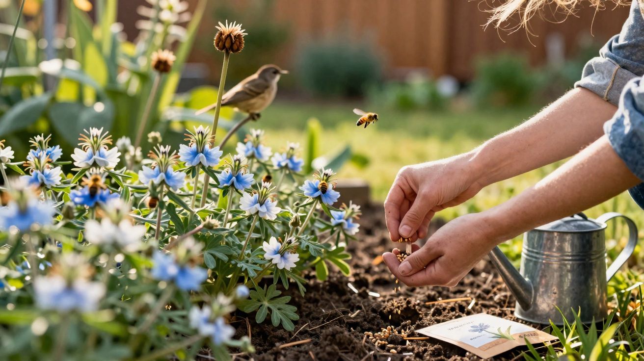Pessoa semidescoberta plantando sementes perto de flores azuis com pássaro e abelha ao fundo no jardim.