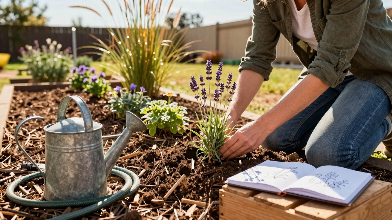Pessoa plantando lavanda em jardim com regador e caderno de anotações ao lado em dia ensolarado.
