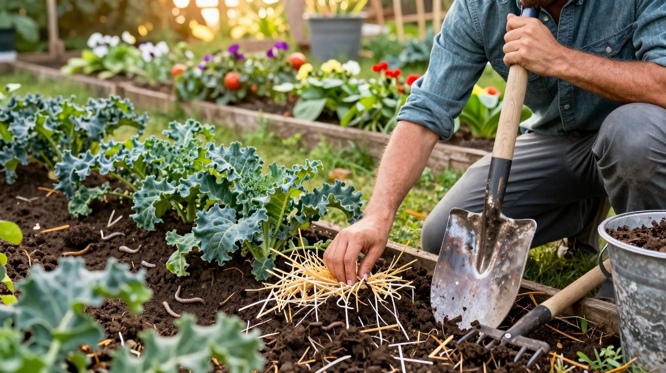 Pessoa cuidando de hortaliças em canteiro, usando enxada e espalhando palha no solo para proteção das plantas.