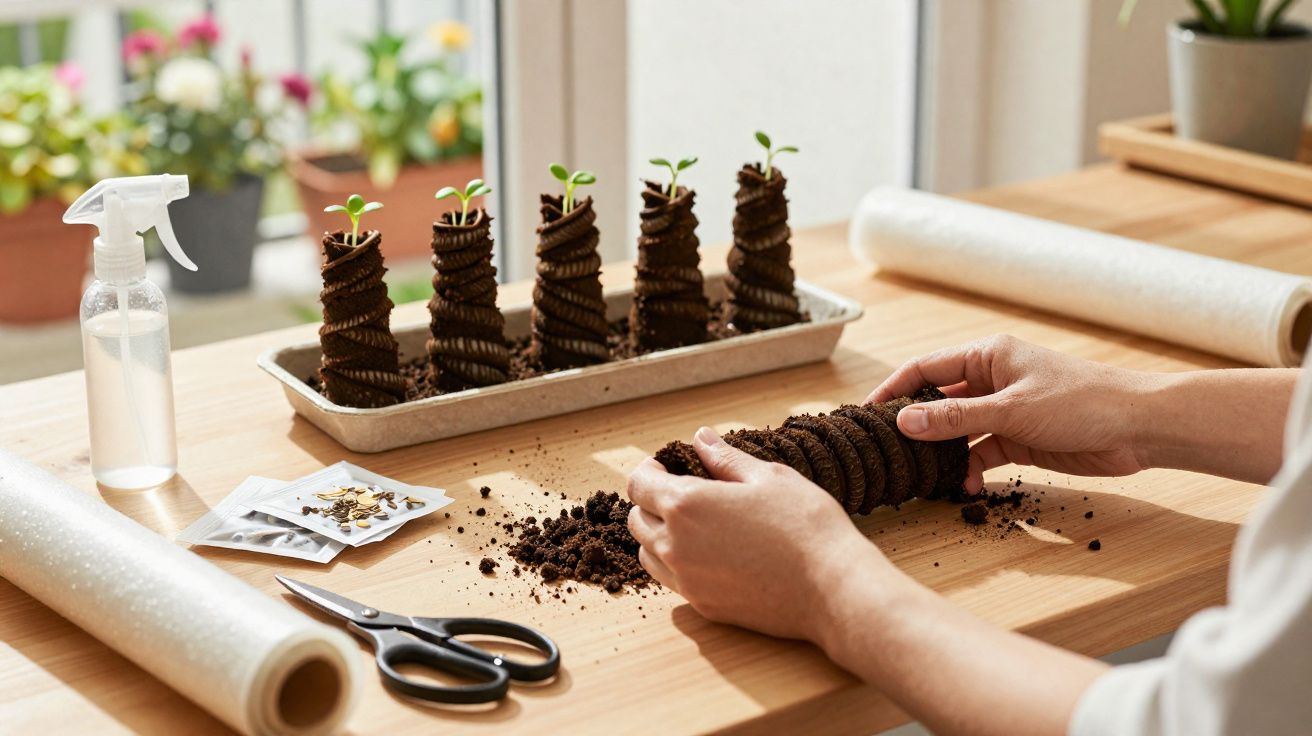 Mãos montando torres de biscoitos recheados com terra para plantar sementes em bandeja, ao lado de pulverizador e sementes.