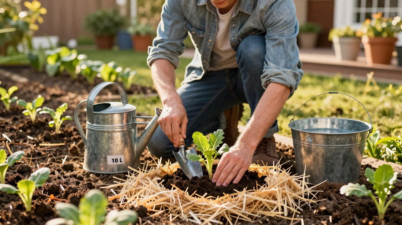 Pessoa plantando muda em jardim com regador e balde de metal ao lado em área ensolarada.
