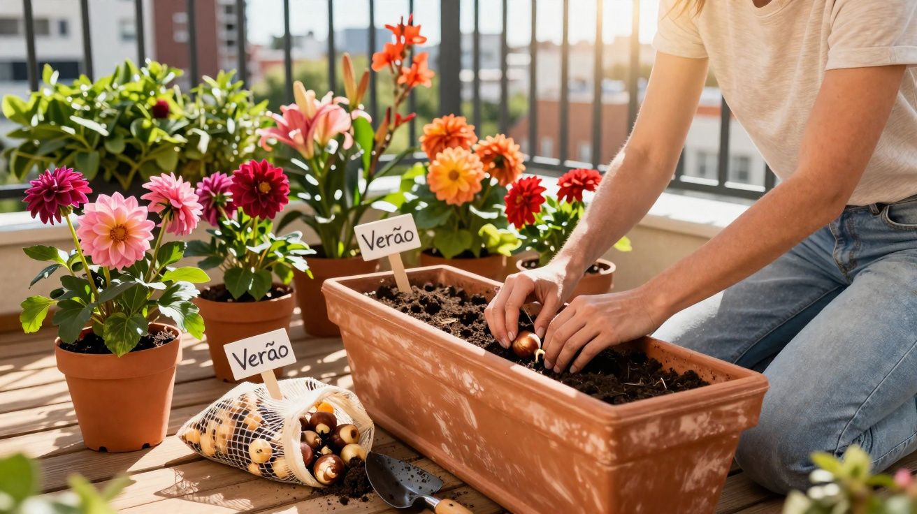 Pessoa plantando bulbos de flores em vaso na varanda com flores coloridas ao redor e placas com a palavra verão.