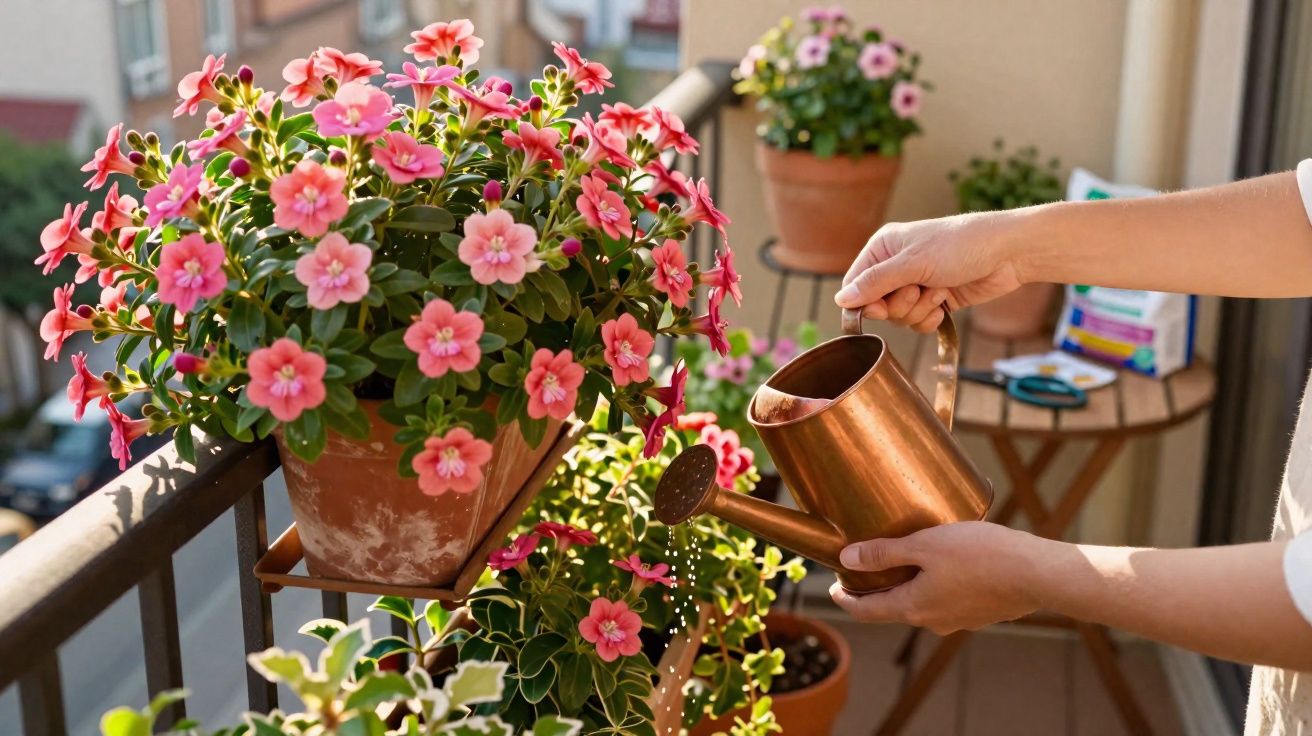 Pessoa regando flores cor-de-rosa em vaso de barro em varanda ensolarada.