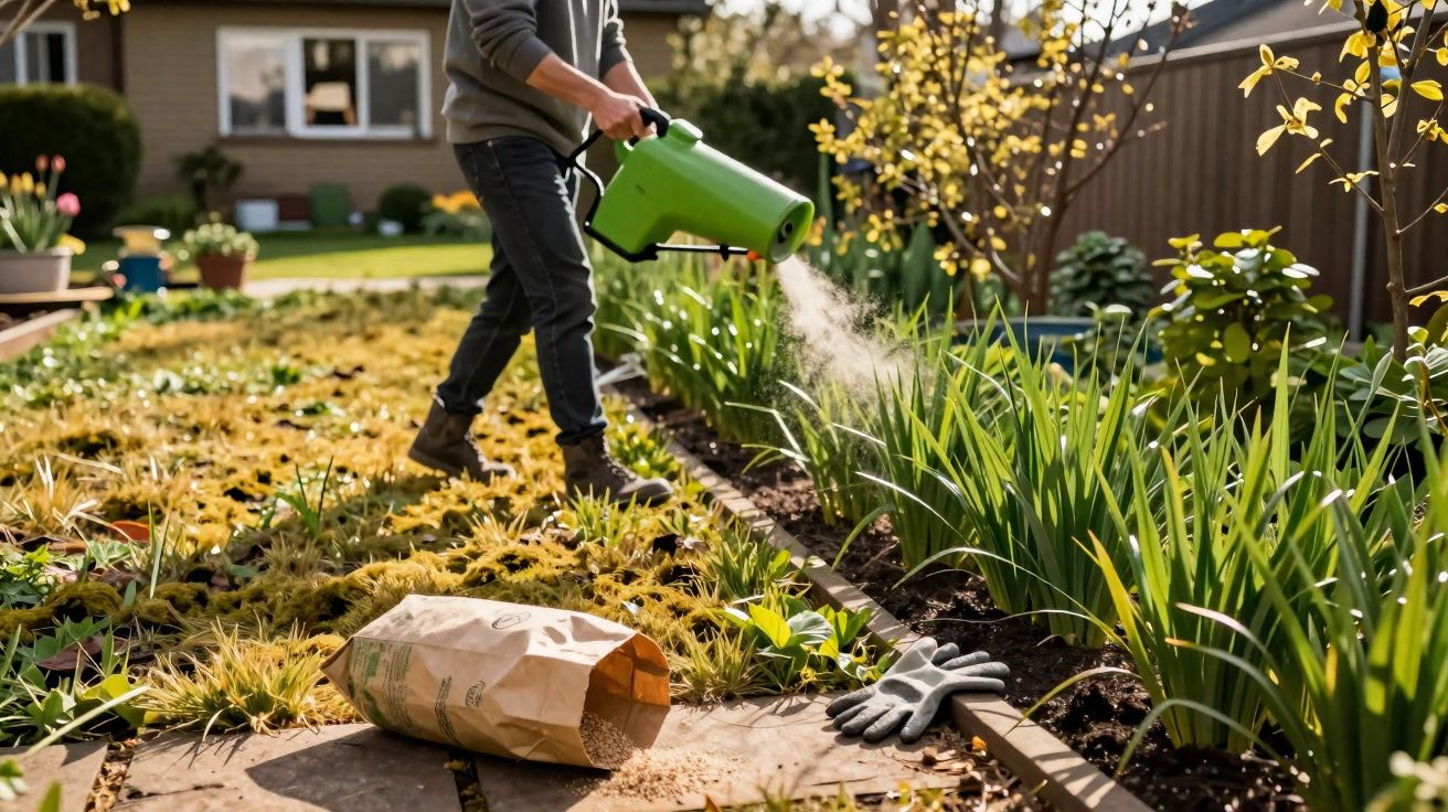 Pessoa usando regador verde para molhar plantas em jardim residencial durante o dia.