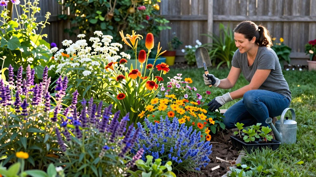 Mulher sorridente cuidando de diversas flores coloridas em um jardim ensolarado.