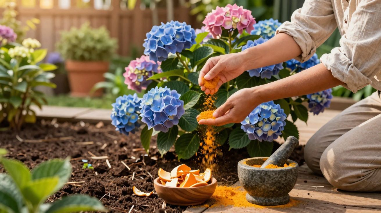 Pessoa aplicando pó laranja em plantas de hortênsias azuis e rosas em jardim ensolarado.