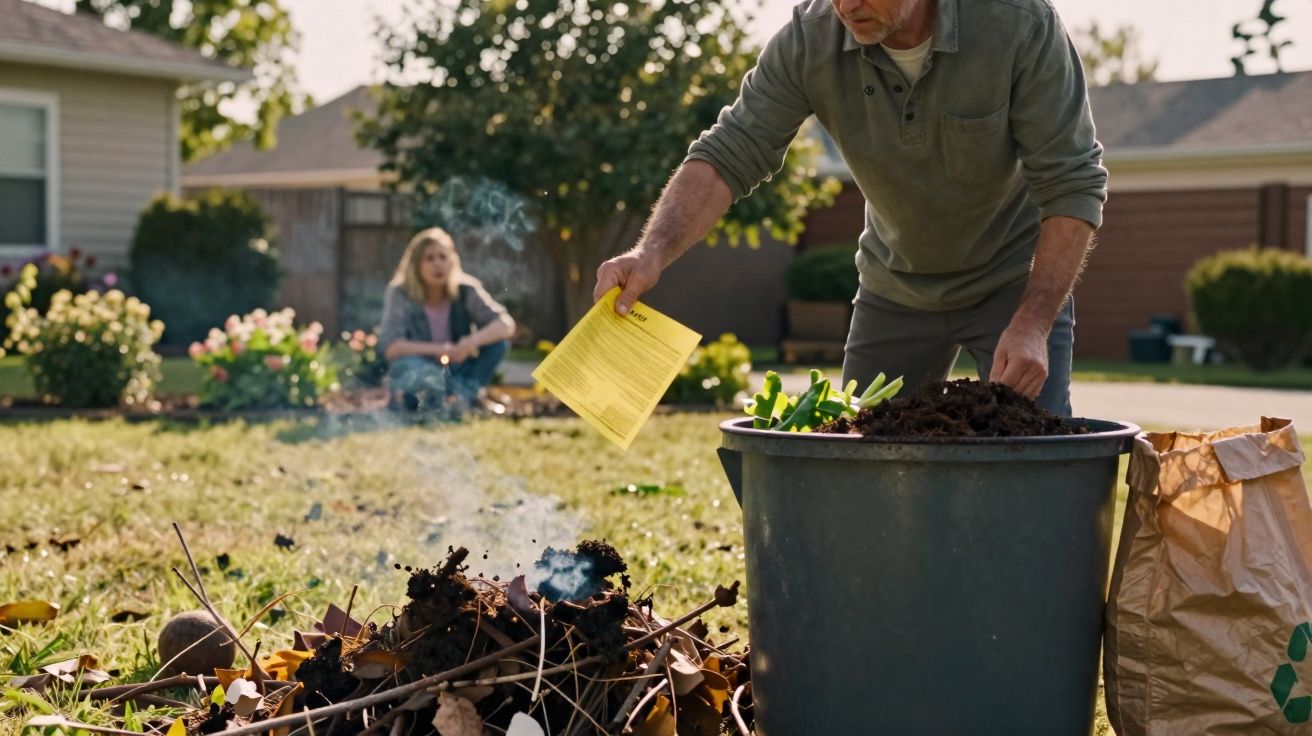 Homem adulto jogando papel em fogo no jardim com mulher sentada ao fundo em dia ensolarado.