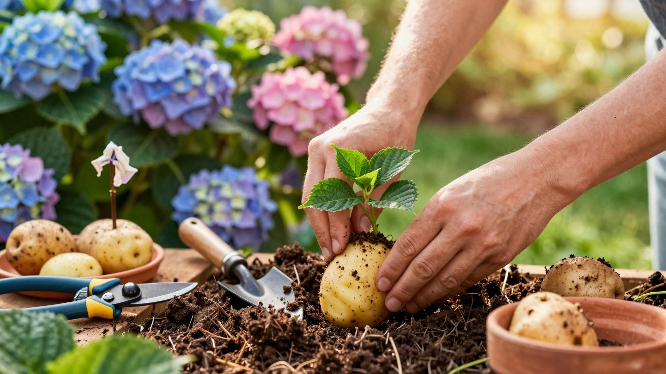 Mãos plantando batata com folhas verdes em solo, cercadas por ferramentas de jardinagem e flores coloridas.