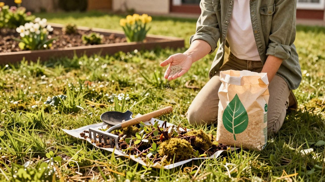 Pessoa sem rosto plantando sementes em canteiro com ferramentas de jardinagem ao redor, ao ar livre.