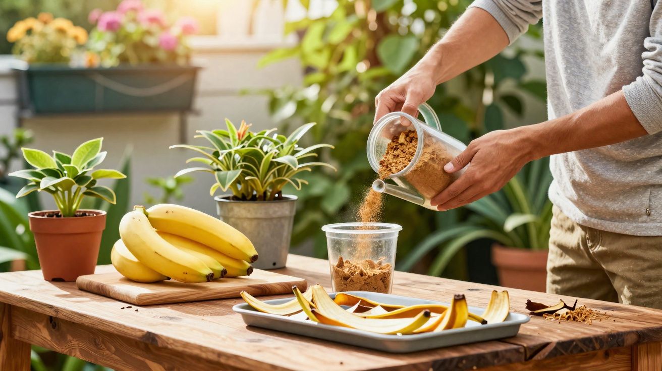 Pessoa despejando granola em copo de plástico, com bananas e plantas ao redor em mesa de madeira.