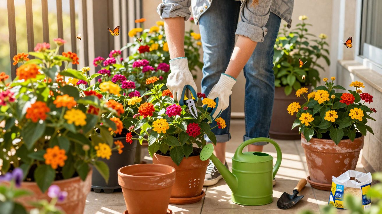 Pessoa cuidando de plantas com flores coloridas em vasos, com regador e ferramentas de jardinagem.