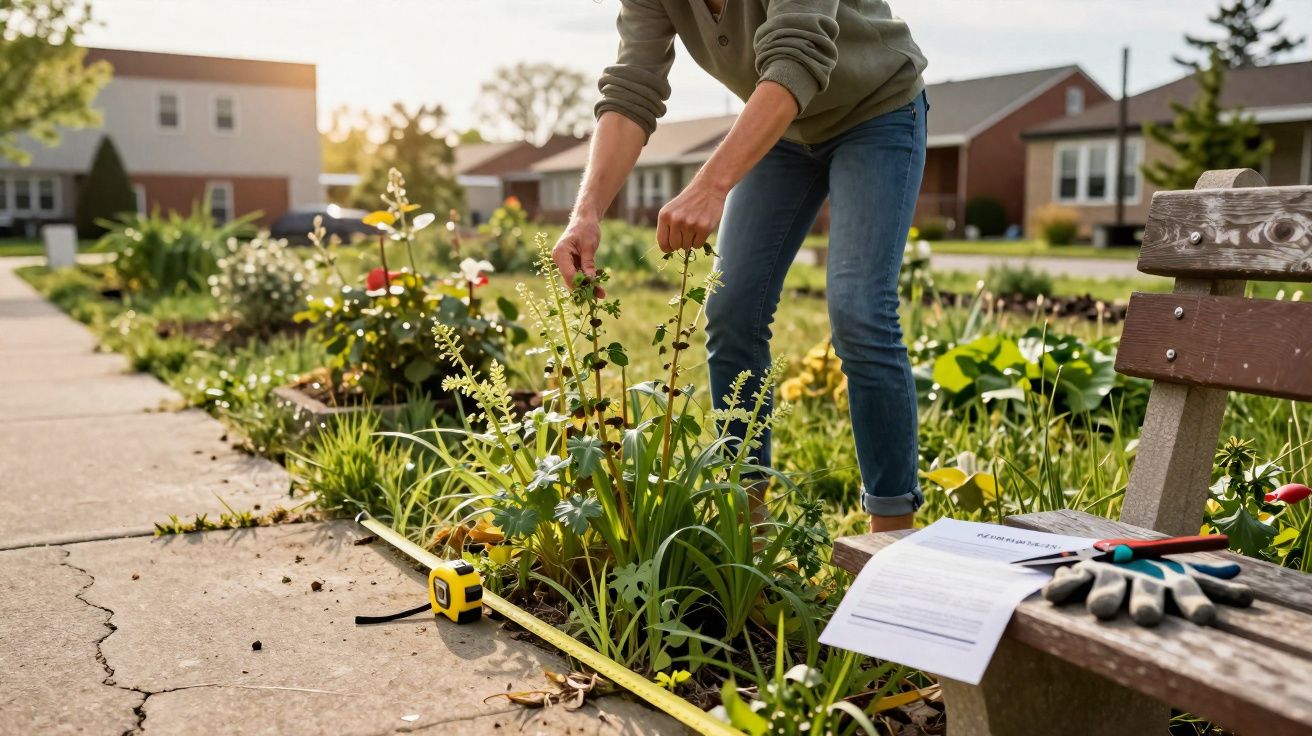 Pessoa mede canteiro de plantas em jardim residencial com fita métrica em dia ensolarado.