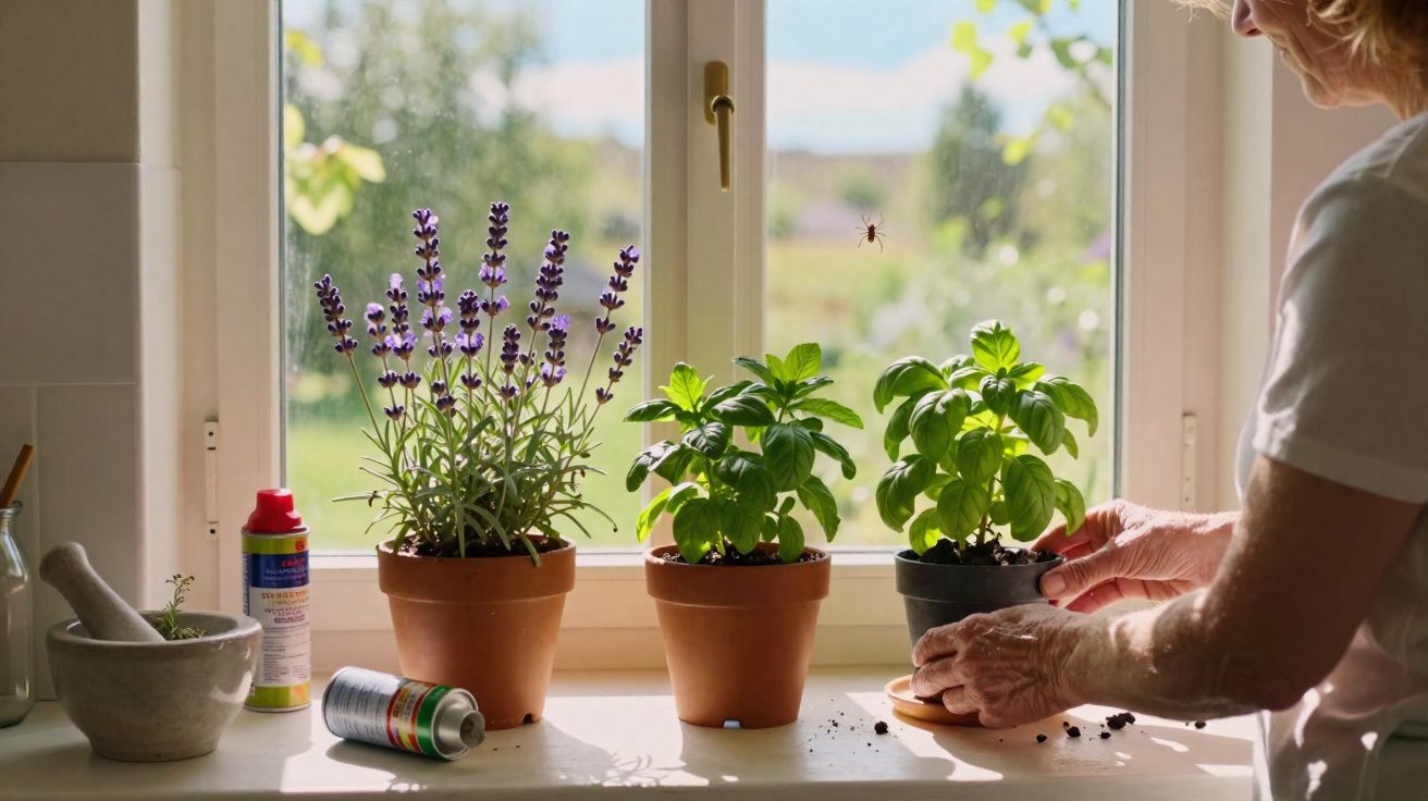 Pessoa cuidando de plantas em vaso na janela iluminada com sol, com lavanda e manjericão.