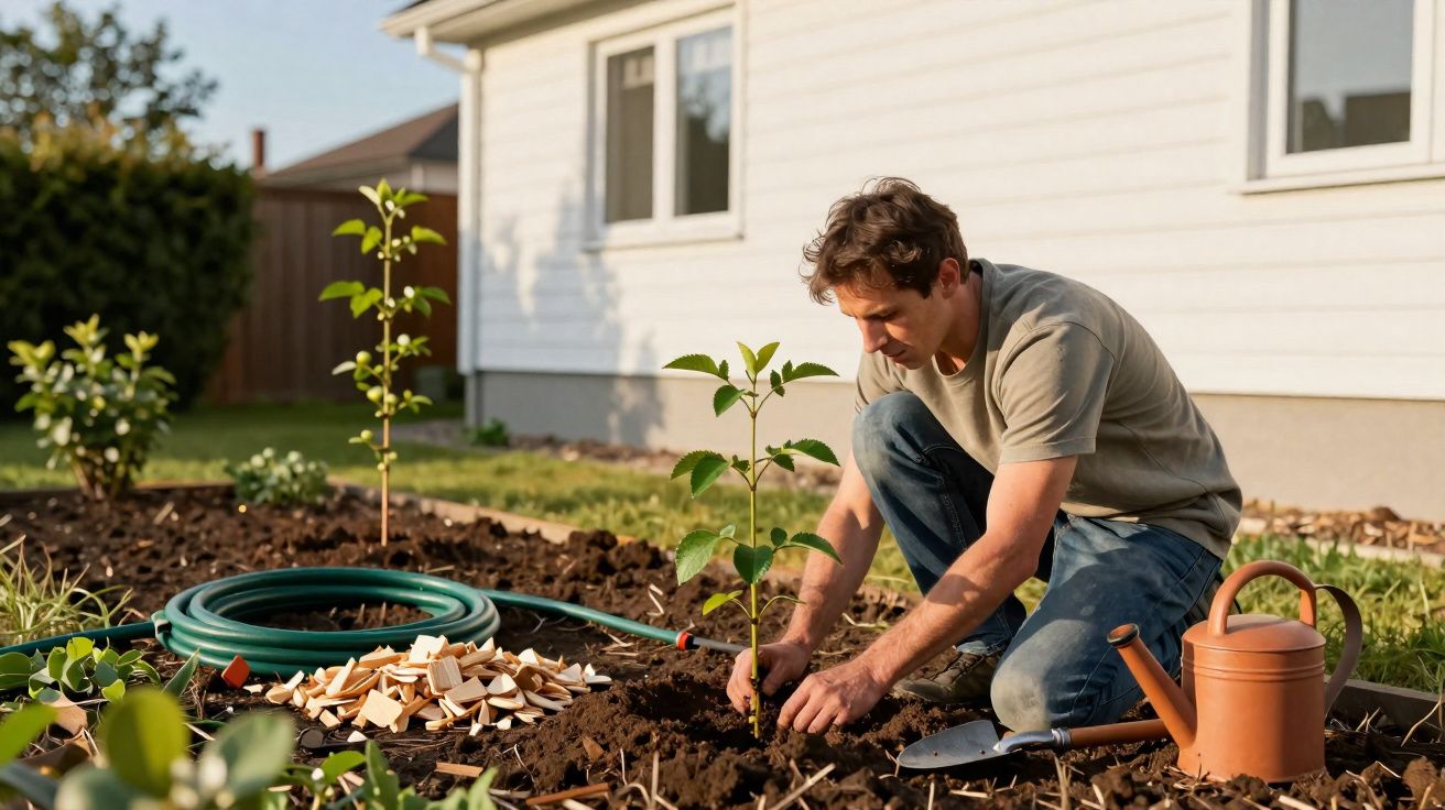 Homem ajoelhado plantando muda em jardim ao lado de casa com regador e mangueira.