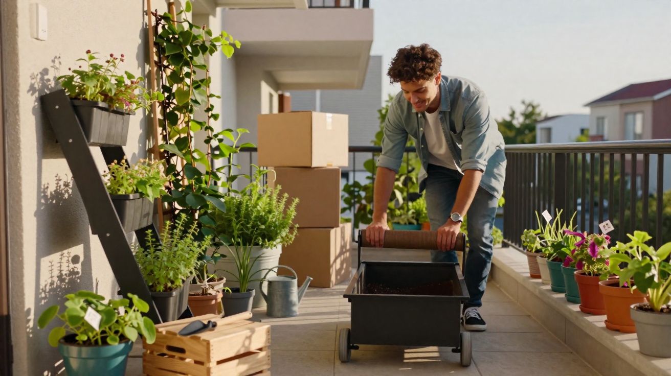 Homem jovem jardinando com carrinho de mão numa varanda com várias plantas e caixas atrás.