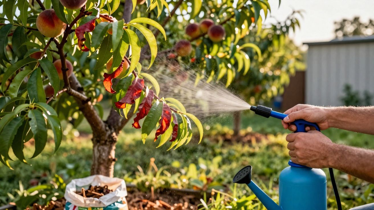 Pessoa borrifando planta frutífera com pulverizador azul em jardim ensolarado.