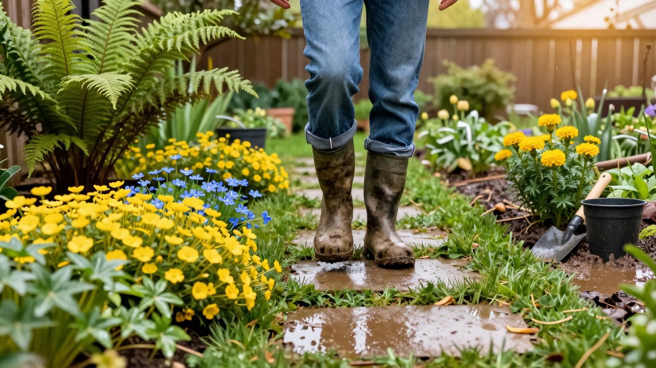 Pessoa com botas molhadas caminhando em jardim com flores amarelas e azuis após chuva.
