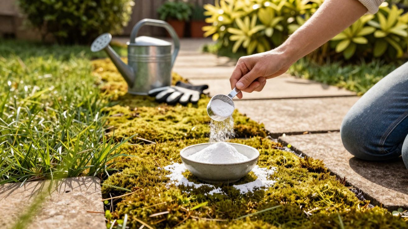 Pessoa adiciona pó branco em um recipiente sobre musgo em jardim com regador ao fundo.