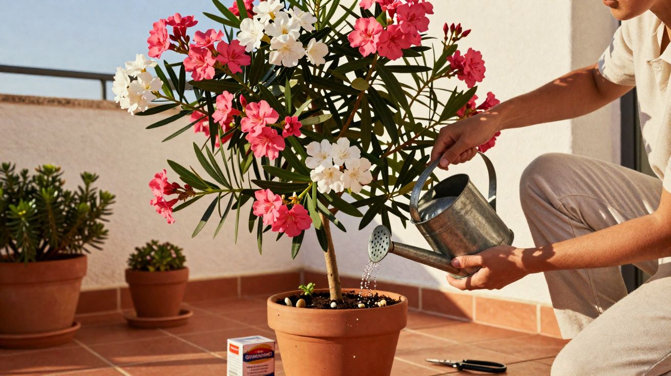Pessoa regando planta florida com flores brancas e rosas em vaso de barro em varanda ensolarada.