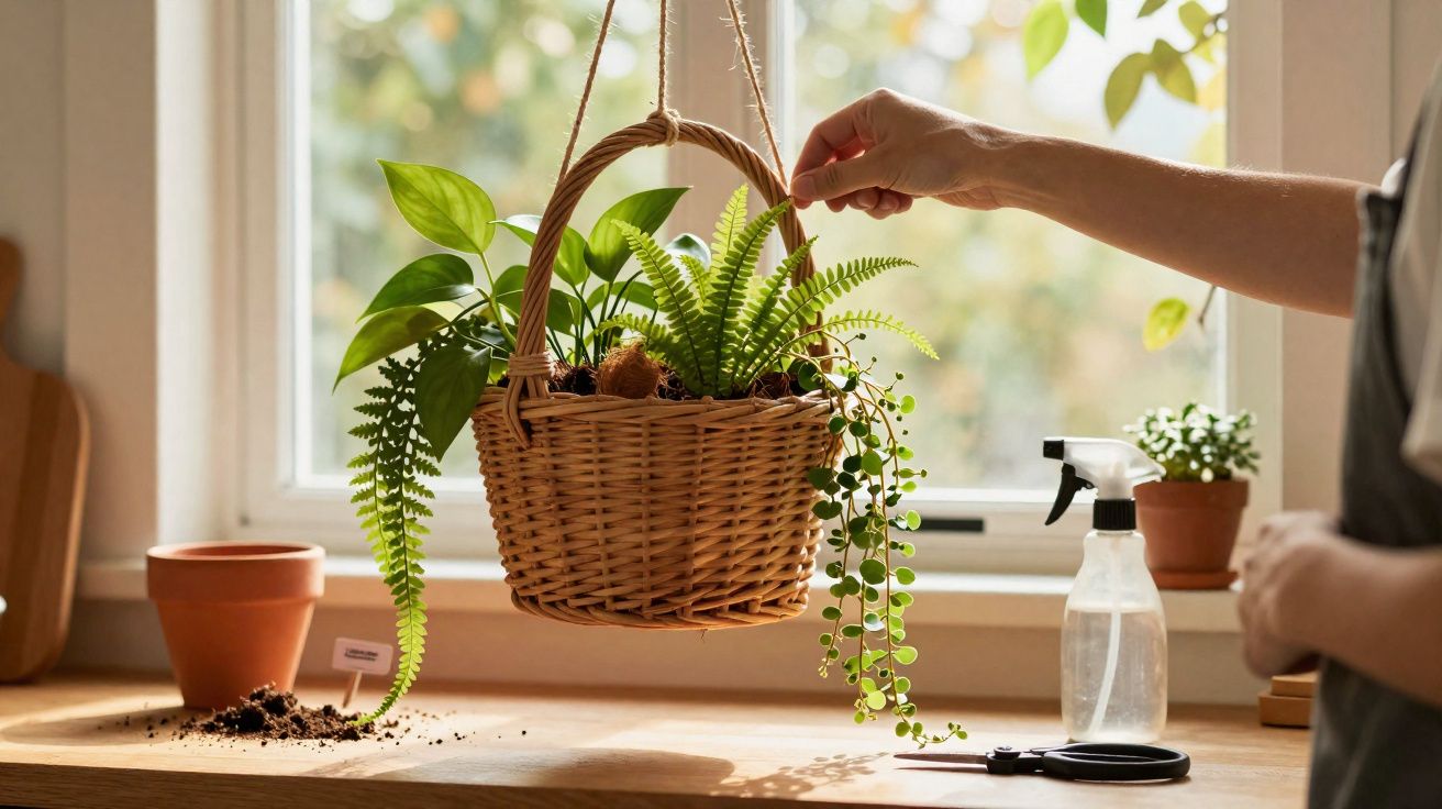 Mão cuidando de plantas em cesta suspensa perto de janela com regador, tesoura e vaso na bancada de madeira.