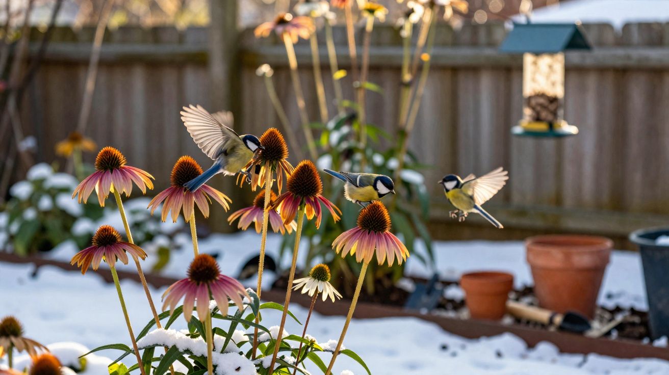 Pássaros pousando em flores roxas com neve ao redor em um jardim cercado por cerca de madeira.