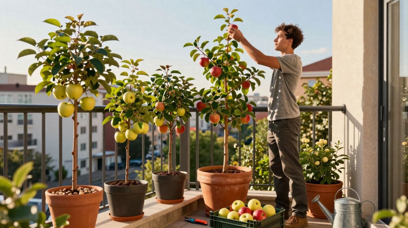 Jovem colhendo maçãs em árvores frutíferas cultivadas em vasos numa varanda ensolarada.