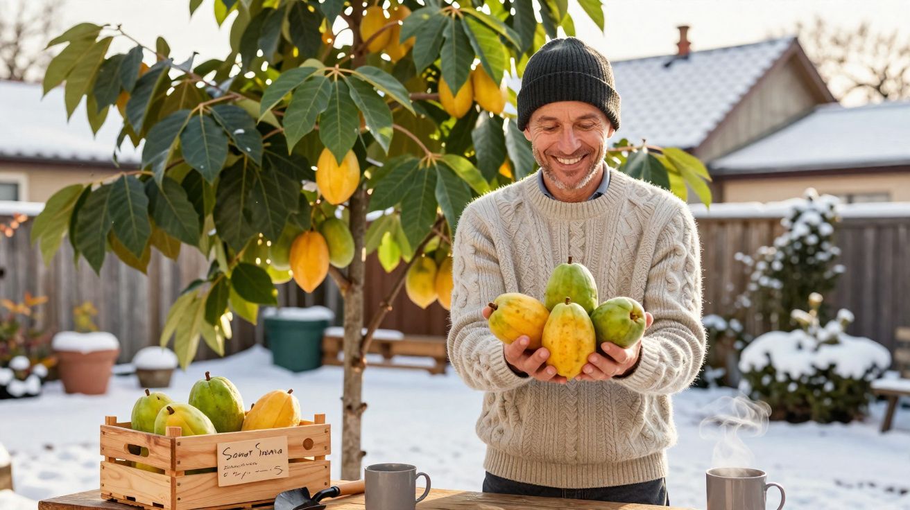 Homem sorridente segurando frutas amarelas e verdes em jardim com neve e árvore frutífera ao fundo.