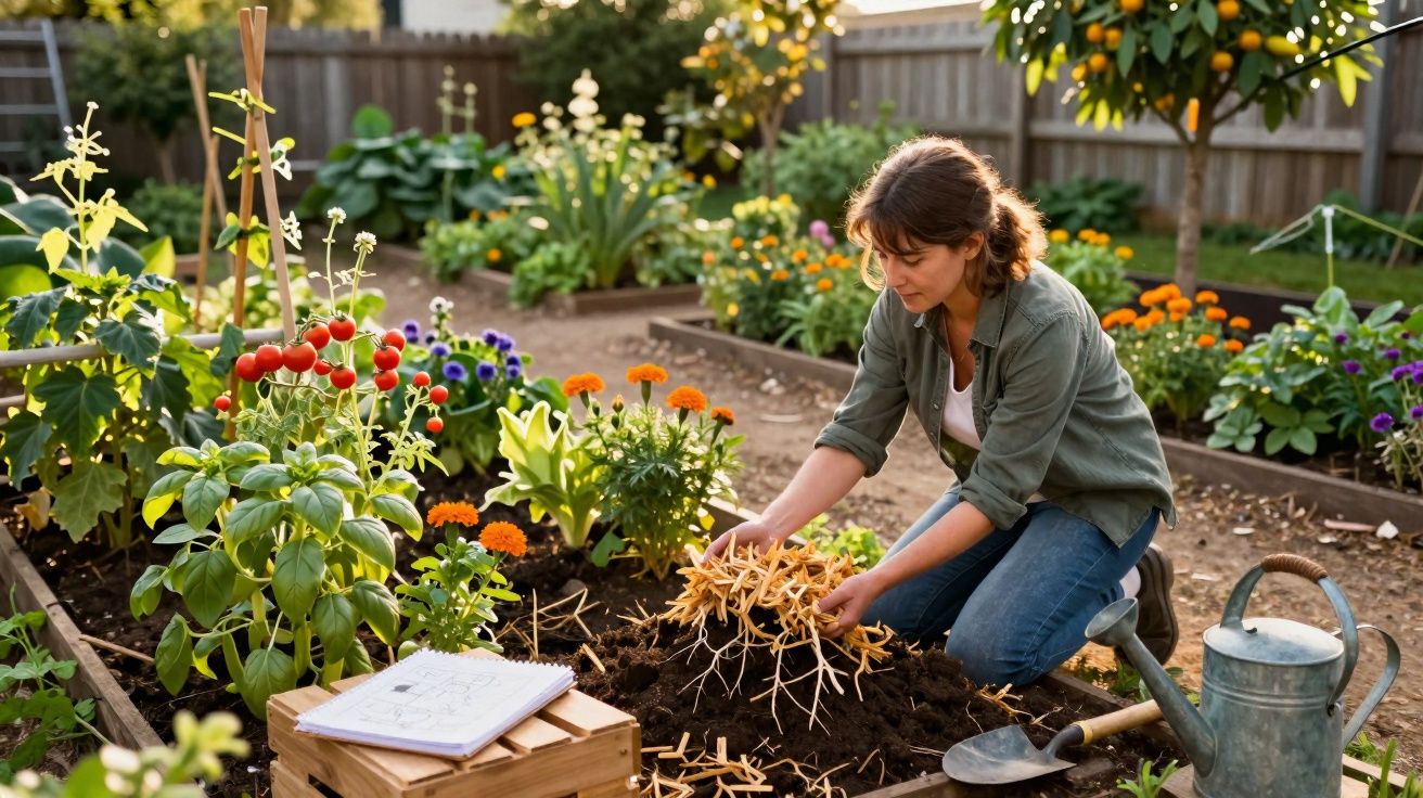 Mulher cuidando de plantas em jardim com flores vibrantes e ferramentas de jardinagem ao redor.