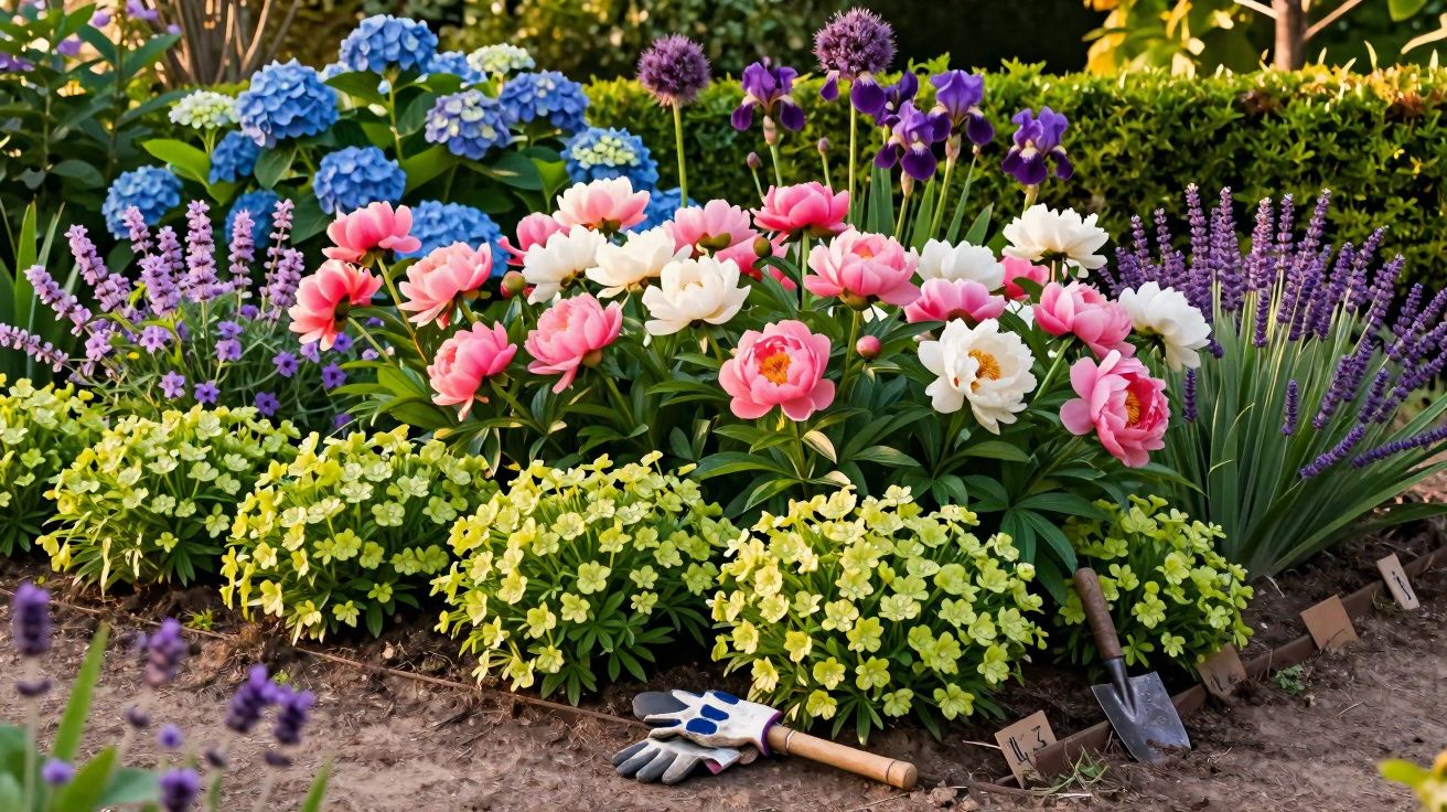 Jardim colorido com flores variadas rosas, brancas, lilás e azuis, ferramentas de jardinagem apoiadas no chão.