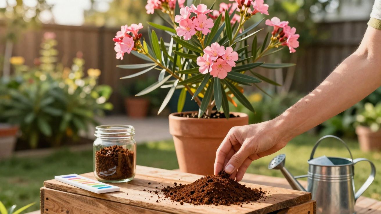 Pessoa plantando flor rosa em vaso com terra em ambiente externo iluminado pelo sol.