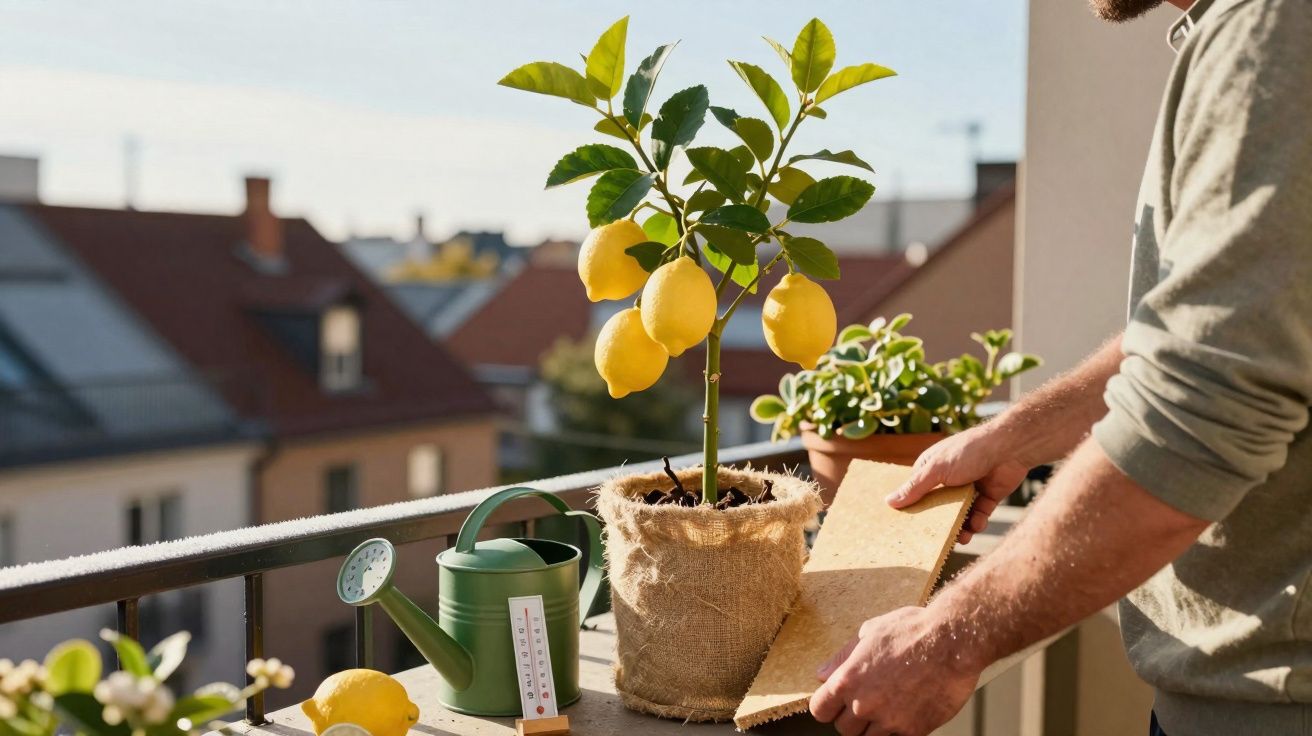 Homem cuidando de planta de limão em vaso na varanda ensolarada de um apartamento.