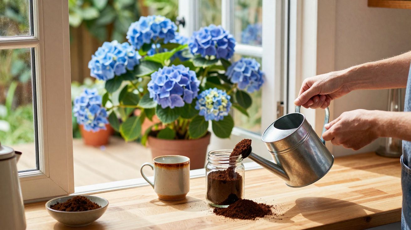 Pessoa usando regador metálico para transferir terra para pote na mesa perto de janela com flores azuis.
