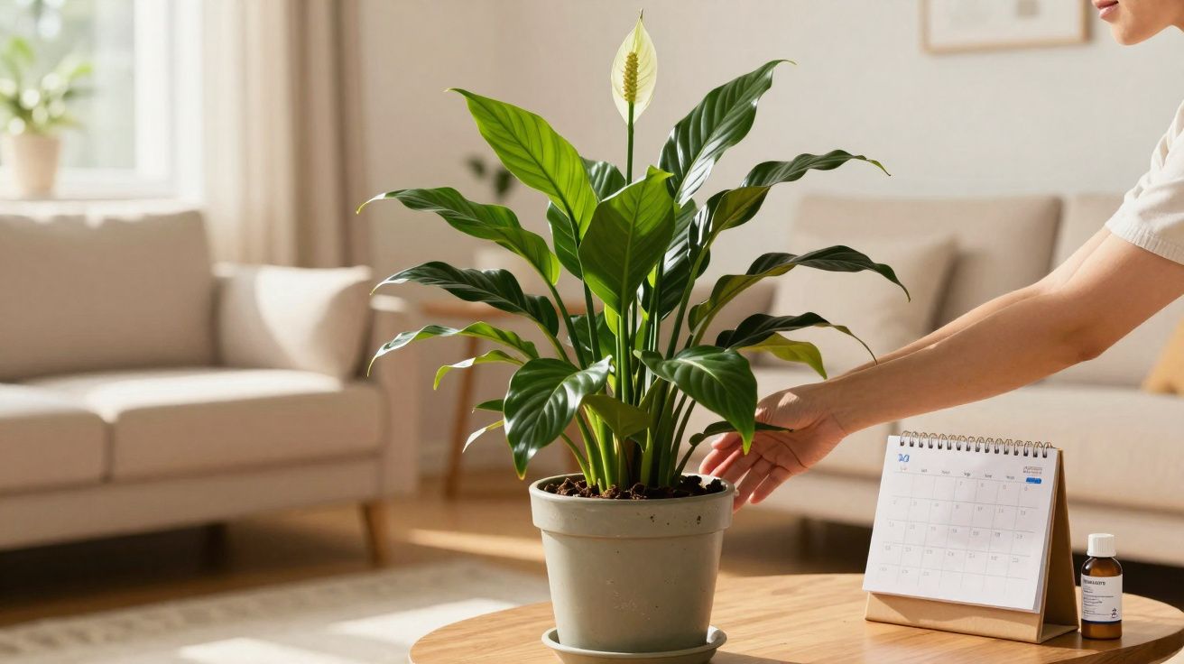 Pessoa cuidando de planta paz-lírio em vaso sobre mesa com calendário e frasco no ambiente da sala.